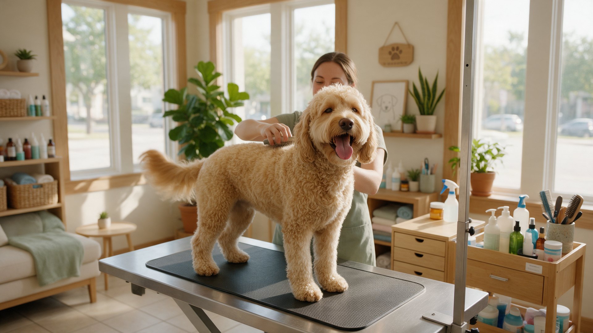 Groomer brushing a happy doodle